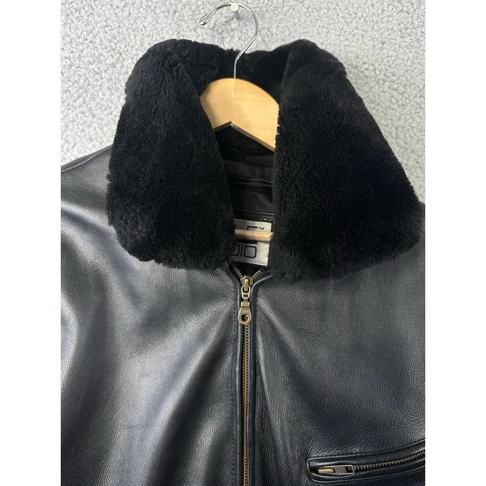 Wilsons Leather Pelle Studio Black Jacket Women L Removable Fur Collar Belted